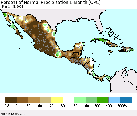 Mexico Central America and the Caribbean Percent of Normal Precipitation 1-Month (CPC) Thematic Map For 3/1/2024 - 3/31/2024