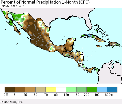 Mexico Central America and the Caribbean Percent of Normal Precipitation 1-Month (CPC) Thematic Map For 3/6/2024 - 4/5/2024