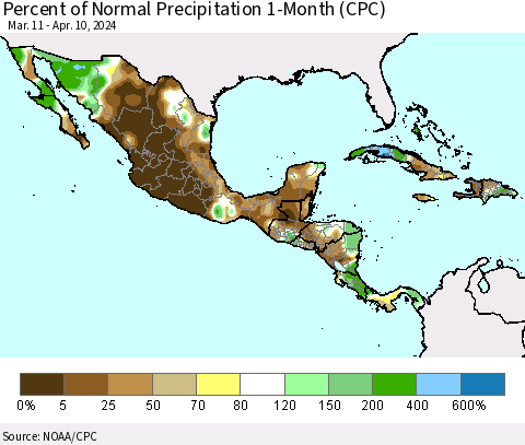 Mexico Central America and the Caribbean Percent of Normal Precipitation 1-Month (CPC) Thematic Map For 3/11/2024 - 4/10/2024