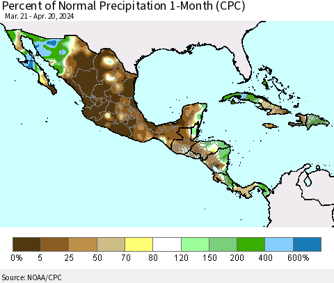 Mexico Central America and the Caribbean Percent of Normal Precipitation 1-Month (CPC) Thematic Map For 3/21/2024 - 4/20/2024