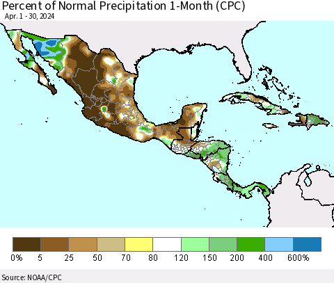 Mexico Central America and the Caribbean Percent of Normal Precipitation 1-Month (CPC) Thematic Map For 4/1/2024 - 4/30/2024