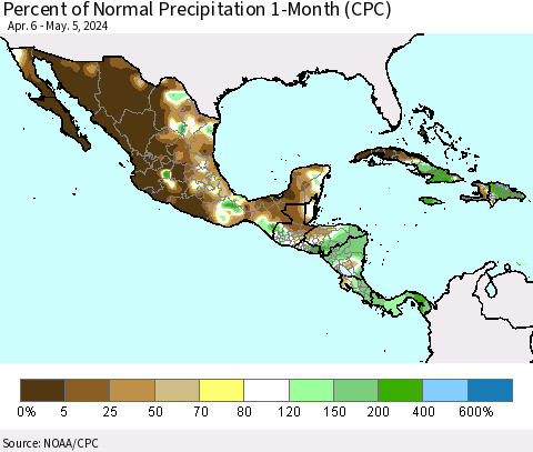 Mexico Central America and the Caribbean Percent of Normal Precipitation 1-Month (CPC) Thematic Map For 4/6/2024 - 5/5/2024