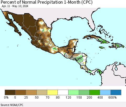 Mexico Central America and the Caribbean Percent of Normal Precipitation 1-Month (CPC) Thematic Map For 4/11/2024 - 5/10/2024