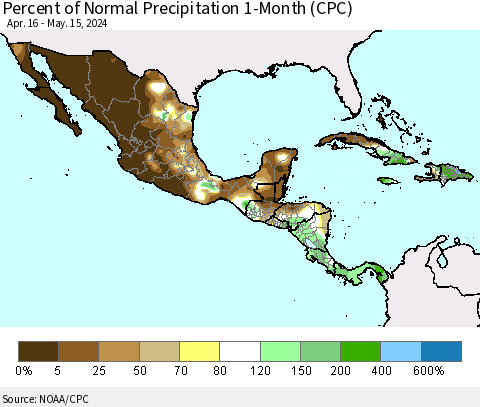 Mexico Central America and the Caribbean Percent of Normal Precipitation 1-Month (CPC) Thematic Map For 4/16/2024 - 5/15/2024