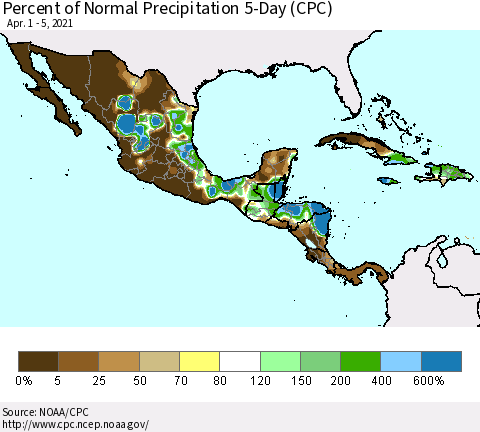 Mexico Central America and the Caribbean Percent of Normal Precipitation 5-Day (CPC) Thematic Map For 4/1/2021 - 4/5/2021