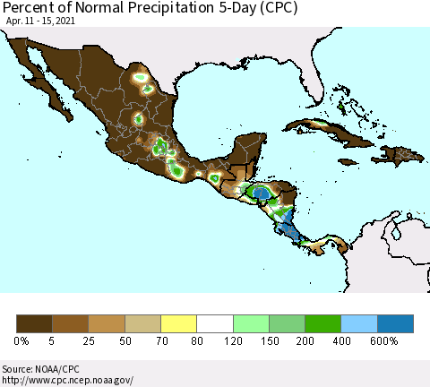 Mexico Central America and the Caribbean Percent of Normal Precipitation 5-Day (CPC) Thematic Map For 4/11/2021 - 4/15/2021