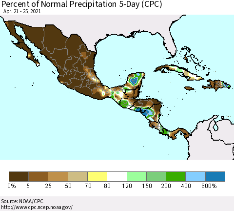 Mexico Central America and the Caribbean Percent of Normal Precipitation 5-Day (CPC) Thematic Map For 4/21/2021 - 4/25/2021