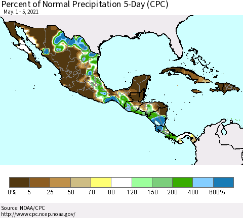 Mexico Central America and the Caribbean Percent of Normal Precipitation 5-Day (CPC) Thematic Map For 5/1/2021 - 5/5/2021