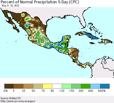 Mexico Central America and the Caribbean Percent of Normal Precipitation 5-Day (CPC) Thematic Map For 5/6/2021 - 5/10/2021