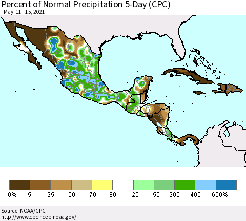Mexico Central America and the Caribbean Percent of Normal Precipitation 5-Day (CPC) Thematic Map For 5/11/2021 - 5/15/2021
