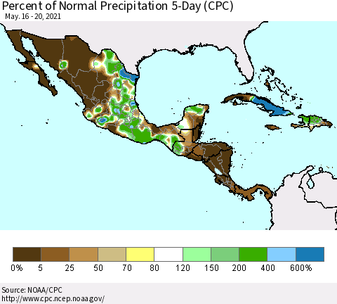 Mexico Central America and the Caribbean Percent of Normal Precipitation 5-Day (CPC) Thematic Map For 5/16/2021 - 5/20/2021