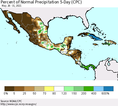 Mexico Central America and the Caribbean Percent of Normal Precipitation 5-Day (CPC) Thematic Map For 5/26/2021 - 5/31/2021