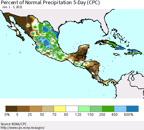 Mexico Central America and the Caribbean Percent of Normal Precipitation 5-Day (CPC) Thematic Map For 6/1/2021 - 6/5/2021