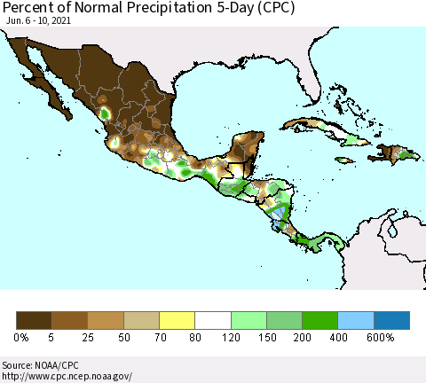 Mexico Central America and the Caribbean Percent of Normal Precipitation 5-Day (CPC) Thematic Map For 6/6/2021 - 6/10/2021
