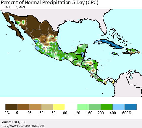 Mexico Central America and the Caribbean Percent of Normal Precipitation 5-Day (CPC) Thematic Map For 6/11/2021 - 6/15/2021