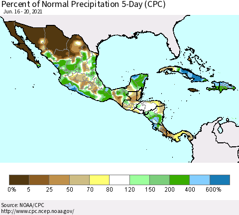 Mexico Central America and the Caribbean Percent of Normal Precipitation 5-Day (CPC) Thematic Map For 6/16/2021 - 6/20/2021