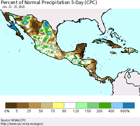 Mexico Central America and the Caribbean Percent of Normal Precipitation 5-Day (CPC) Thematic Map For 6/21/2021 - 6/25/2021