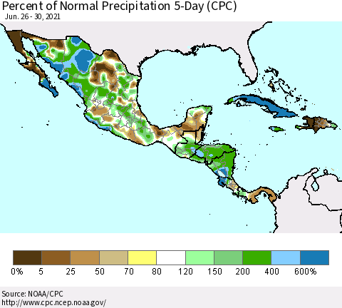Mexico Central America and the Caribbean Percent of Normal Precipitation 5-Day (CPC) Thematic Map For 6/26/2021 - 6/30/2021
