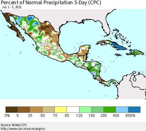 Mexico Central America and the Caribbean Percent of Normal Precipitation 5-Day (CPC) Thematic Map For 7/1/2021 - 7/5/2021