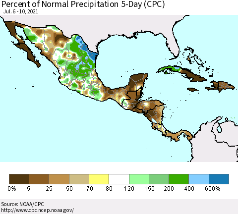 Mexico Central America and the Caribbean Percent of Normal Precipitation 5-Day (CPC) Thematic Map For 7/6/2021 - 7/10/2021