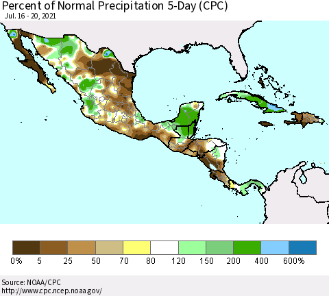 Mexico Central America and the Caribbean Percent of Normal Precipitation 5-Day (CPC) Thematic Map For 7/16/2021 - 7/20/2021
