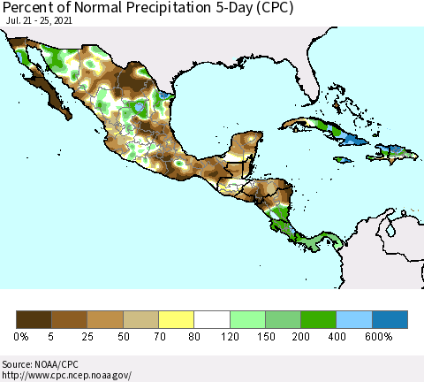 Mexico Central America and the Caribbean Percent of Normal Precipitation 5-Day (CPC) Thematic Map For 7/21/2021 - 7/25/2021