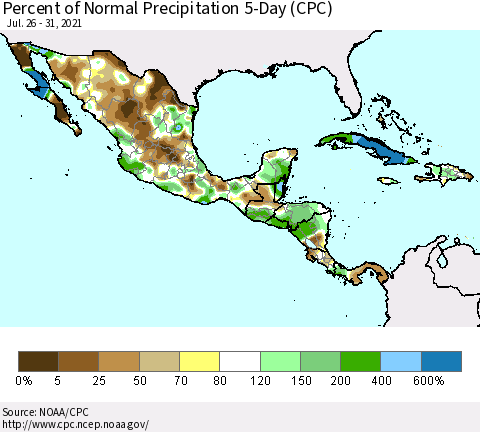 Mexico Central America and the Caribbean Percent of Normal Precipitation 5-Day (CPC) Thematic Map For 7/26/2021 - 7/31/2021