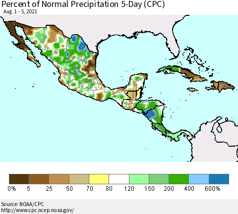 Mexico Central America and the Caribbean Percent of Normal Precipitation 5-Day (CPC) Thematic Map For 8/1/2021 - 8/5/2021