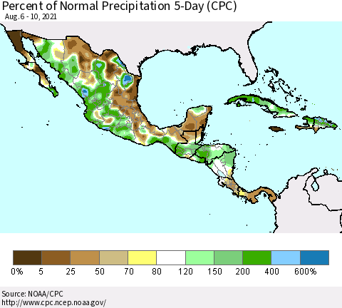 Mexico Central America and the Caribbean Percent of Normal Precipitation 5-Day (CPC) Thematic Map For 8/6/2021 - 8/10/2021