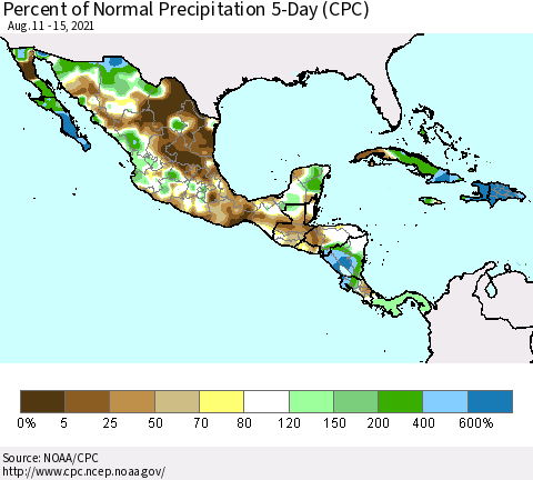 Mexico Central America and the Caribbean Percent of Normal Precipitation 5-Day (CPC) Thematic Map For 8/11/2021 - 8/15/2021