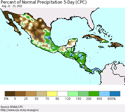 Mexico Central America and the Caribbean Percent of Normal Precipitation 5-Day (CPC) Thematic Map For 8/21/2021 - 8/25/2021