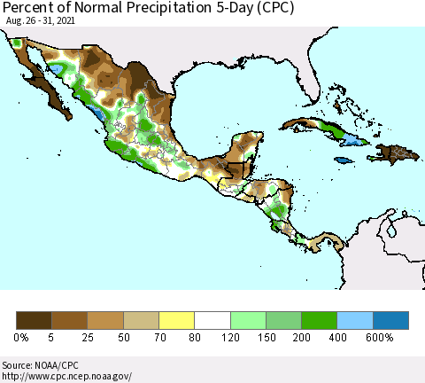 Mexico Central America and the Caribbean Percent of Normal Precipitation 5-Day (CPC) Thematic Map For 8/26/2021 - 8/31/2021
