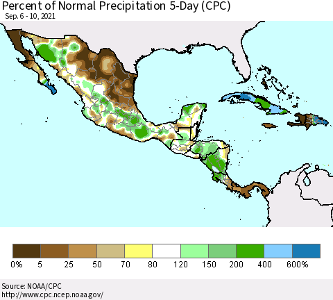 Mexico Central America and the Caribbean Percent of Normal Precipitation 5-Day (CPC) Thematic Map For 9/6/2021 - 9/10/2021