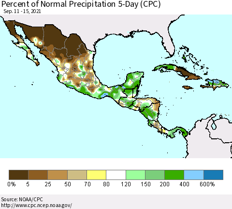 Mexico Central America and the Caribbean Percent of Normal Precipitation 5-Day (CPC) Thematic Map For 9/11/2021 - 9/15/2021