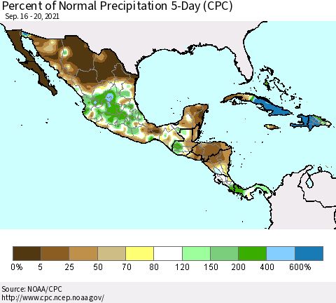 Mexico Central America and the Caribbean Percent of Normal Precipitation 5-Day (CPC) Thematic Map For 9/16/2021 - 9/20/2021