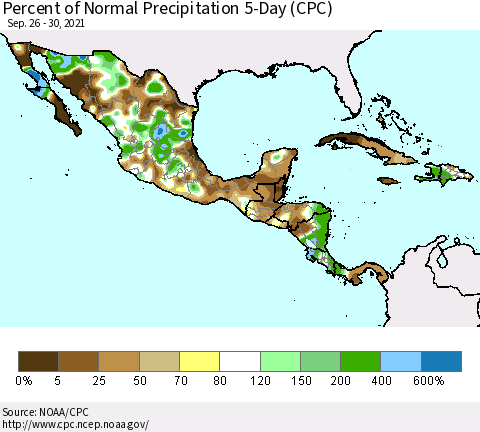 Mexico Central America and the Caribbean Percent of Normal Precipitation 5-Day (CPC) Thematic Map For 9/26/2021 - 9/30/2021