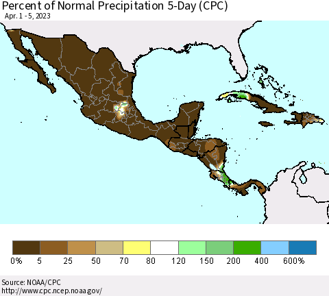 Mexico Central America and the Caribbean Percent of Normal Precipitation 5-Day (CPC) Thematic Map For 4/1/2023 - 4/5/2023