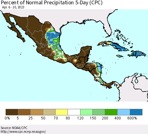 Mexico Central America and the Caribbean Percent of Normal Precipitation 5-Day (CPC) Thematic Map For 4/6/2023 - 4/10/2023