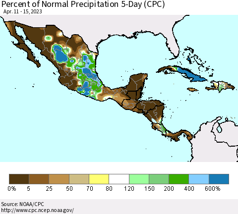 Mexico Central America and the Caribbean Percent of Normal Precipitation 5-Day (CPC) Thematic Map For 4/11/2023 - 4/15/2023