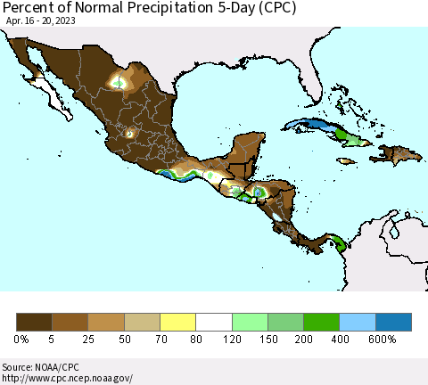 Mexico Central America and the Caribbean Percent of Normal Precipitation 5-Day (CPC) Thematic Map For 4/16/2023 - 4/20/2023