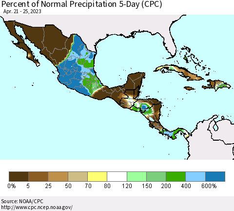 Mexico Central America and the Caribbean Percent of Normal Precipitation 5-Day (CPC) Thematic Map For 4/21/2023 - 4/25/2023