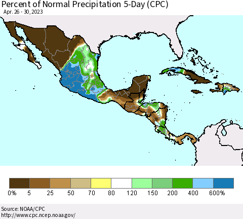 Mexico Central America and the Caribbean Percent of Normal Precipitation 5-Day (CPC) Thematic Map For 4/26/2023 - 4/30/2023