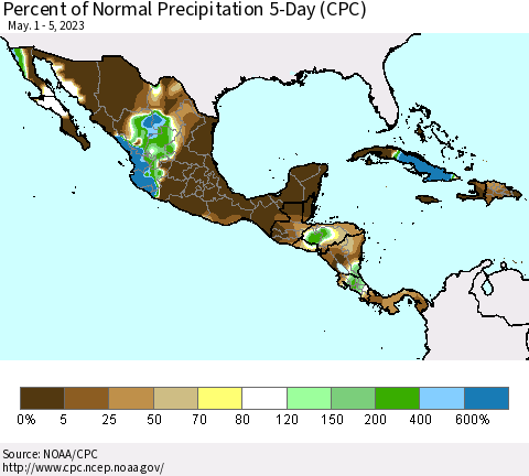 Mexico Central America and the Caribbean Percent of Normal Precipitation 5-Day (CPC) Thematic Map For 5/1/2023 - 5/5/2023