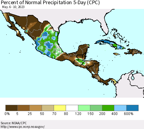 Mexico Central America and the Caribbean Percent of Normal Precipitation 5-Day (CPC) Thematic Map For 5/6/2023 - 5/10/2023