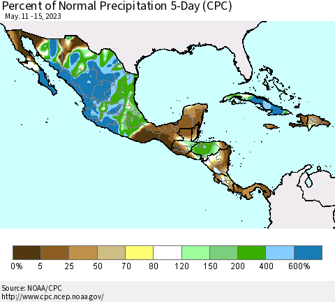Mexico Central America and the Caribbean Percent of Normal Precipitation 5-Day (CPC) Thematic Map For 5/11/2023 - 5/15/2023