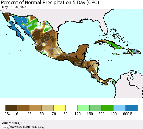 Mexico Central America and the Caribbean Percent of Normal Precipitation 5-Day (CPC) Thematic Map For 5/16/2023 - 5/20/2023