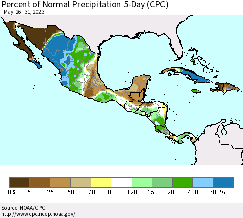 Mexico Central America and the Caribbean Percent of Normal Precipitation 5-Day (CPC) Thematic Map For 5/26/2023 - 5/31/2023