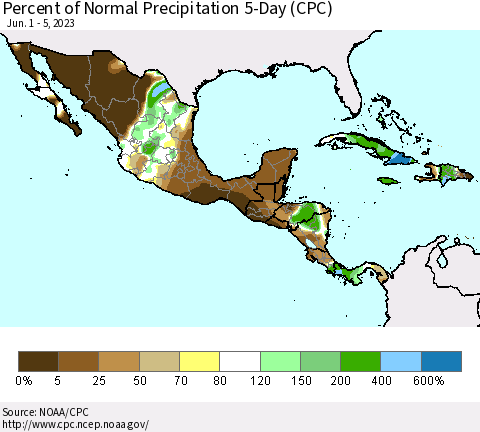 Mexico Central America and the Caribbean Percent of Normal Precipitation 5-Day (CPC) Thematic Map For 6/1/2023 - 6/5/2023