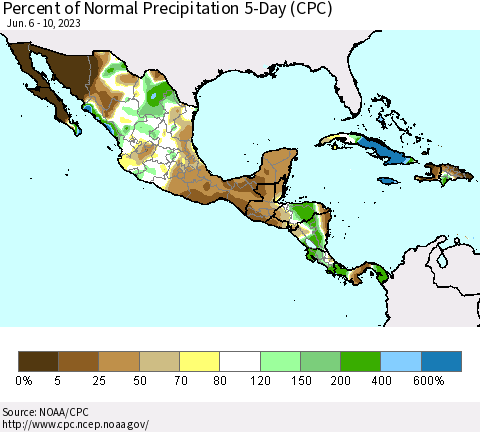 Mexico Central America and the Caribbean Percent of Normal Precipitation 5-Day (CPC) Thematic Map For 6/6/2023 - 6/10/2023