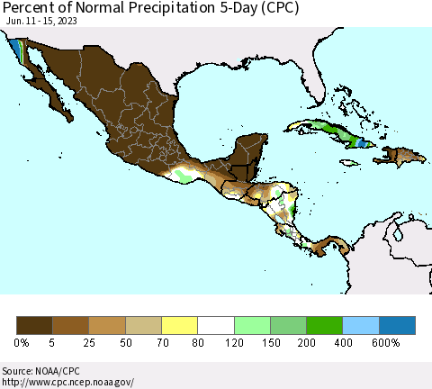 Mexico Central America and the Caribbean Percent of Normal Precipitation 5-Day (CPC) Thematic Map For 6/11/2023 - 6/15/2023